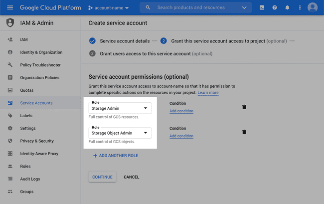 Select Storage Object Admin to allow transfers using Google Cloud Storage