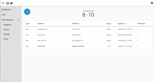 The Routes table shows endpoints, the route build date, and the number of connectors.
