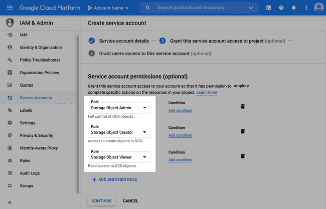 Select Storage Object Admin, Viewer, and Creator roles to allow transfers to Google Cloud Storage
